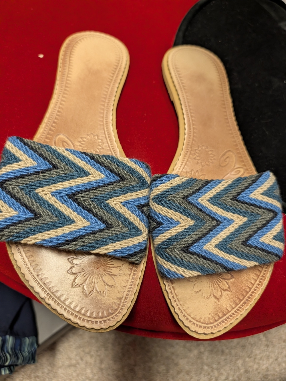 Artesian Woven Chevron Slide Sandals in Blue and Tan. 8